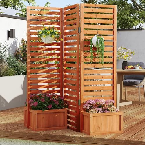 COSTWAY Blumenkasten mit Sichtschutz, Hochbeet mit Klappbarem Spalier, 2 Pflanzkästen mit Ablauflöchern, Raumtrenner Holz, Gartenspalier für Kletterpflanzen, Garten Hof Balkon, 157x50x168 cm, Natur