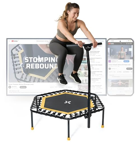 SportPlus Fitness Trampolin Indoor für Zuhause, Trampolin mit Haltestange höhenverstellbar, Gummiseilfederung, Workout & Cardiotraining, Premium-Qualität Designed in Germany 130kg