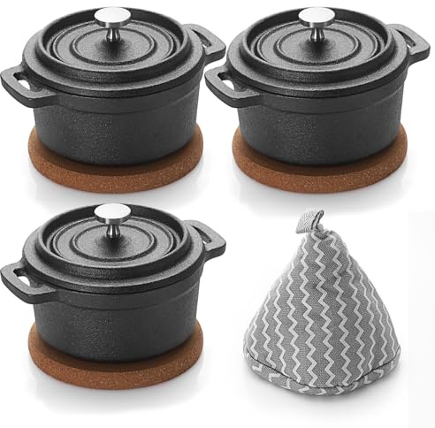 SUMNACON Mini-Dutch Oven Töpfe aus Gusseisen, 237 ml, mit Deckel und Griffabdeckung, 3 Stück