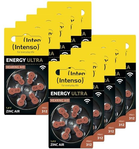 Intenso Hörgerätebatterien PR41 Braun, Typ 312 Zink-Luft, 60er Pack | 60 Stück Knopfzellen für Hörgeräte, 1,45 V Spannung, 10x 6er Blister, langlebige Energie und müheloser Austausch