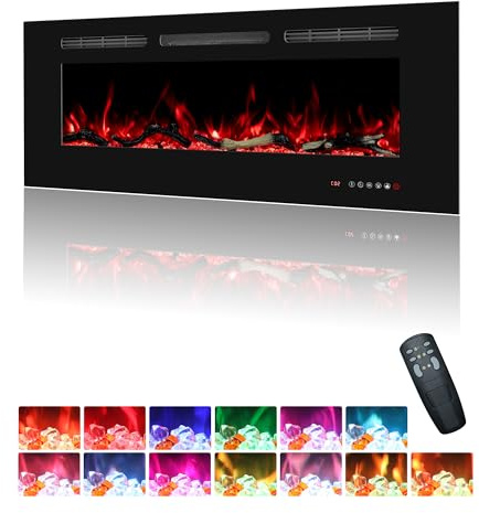 Oxhark Flame Elektrokamin Wandmontage, 13 Farbmodi LED flammeneffekt, 108 cm Kamin Heizung Glas-Touchscreen und Fernbedienung,1500W(42)