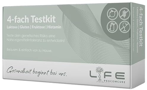 1x 4-fach Testkit für Laktose/Fruktose/Gluten & Histamin Unverträglichkeit | DNA Analyse deiner genetischen Veranlagung | Ausführlicher Ergebnisbericht und Empfehlungen