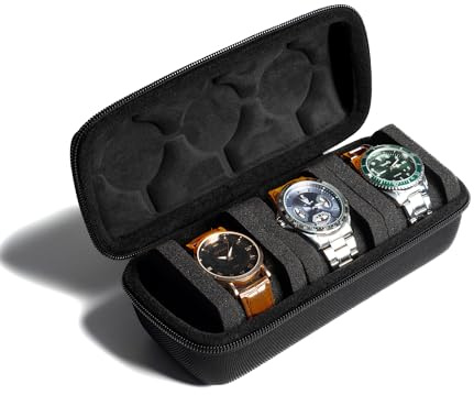 AUKURA Hartschalen-Reise-Etui mit 3 Schlitzen, Uhrenrolle, Aufbewahrung und Organizer für Damen und Herren, mit Anti-Bewegungs-Uhrenkissen (schwarzer Stoff, 3 Fächer)