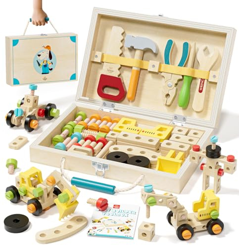 Lehoo Castle Holz Kinder Werkzeugkoffer, Montessori Spielzeug ab 3 Jahre | Kinder Werkzeug Set, FSC Holzspielzeug, Motorik Lernspielzeug,10+ DIY Modelle,Geschenk ab 3-6 Jahre, Hunde-Motiv