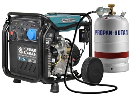 Könner & Söhnen KS 8100iE G LPG/Benzin-Inverter-Generator, stromerzeuger 8000 W,1x16 A (230 V),1x32 A (230 V),2 USB-Anschlüsse, inverter stromaggregat mit Kupferwicklung, notstromaggregat gas - EURO V