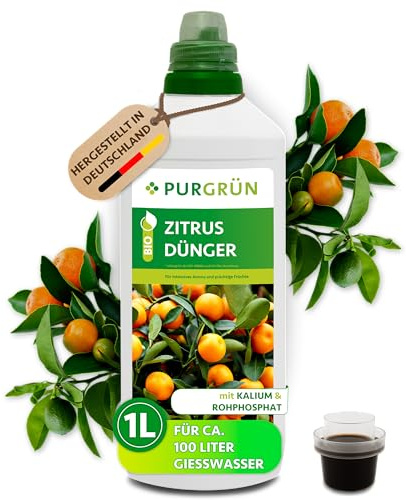 Purgrün® Bio-Zitrusdünger 1 Liter – Gesundes Wachstum dank rein natürlicher Inhaltsstoffe – Fördert die Blütenbildung mit extra Kalium – Ergiebiges Konzentrat für 100 Liter Gießwasser