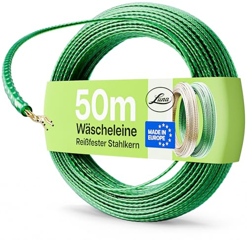 Luna® Wäscheleine 50m - Wäscheleine extra stark mit Stahleinlage - Dehnungsfrei & Witterungsbeständig - Inklusive Spanner - Grüne Kunststoff-Ummantelung - Ideal für Garten & Camping - Made in EU