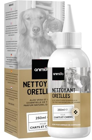animigo Ohrreiniger für Hunde & Katzen - 250ml Ohrentropfen - Teebaumöl, Lavendelöl, Salicylsäure, Hamamelis Extrakt & Aloe Vera - Für Ohrenpflege - Dog and cat