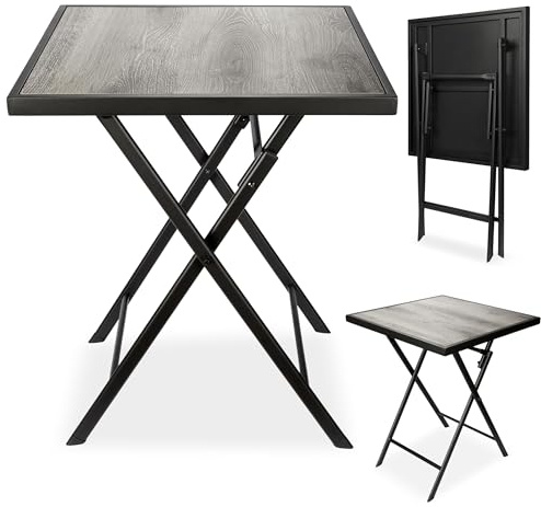 BRUBAKER Gartentisch Bergamo - 58 x 58 cm Balkontisch wetterfest - Metall Beistelltisch klappbar - Campingtisch eckig mit Holz Optik - Klapptisch für Balkon, Terrasse - Bistrotisch - Grau
