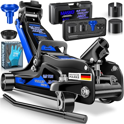 MASKO® Wagenheber hydraulisch KFZ Rangierwagenheber SUV, 360° Rollen inkl. 3X Gummiauflage, Koffer & Handschuhe Heber Unterstellbock für tiefergelegt bis hoch, 2,5T, Flache Hubhöhe 85-365mm