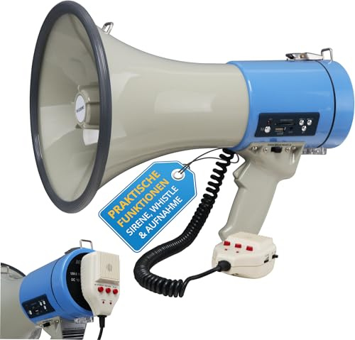 McGrey MP-800HRS Megaphon (Sprachrohr, 25 Watt RMS/80 Watt MAX), bis zu 1000m Reichweite, Handmikrofon, Sirene, Whistle, Aufnahmefunktion, USB/SD/AUX-MP3-Player batteriebetrieben grau/blau