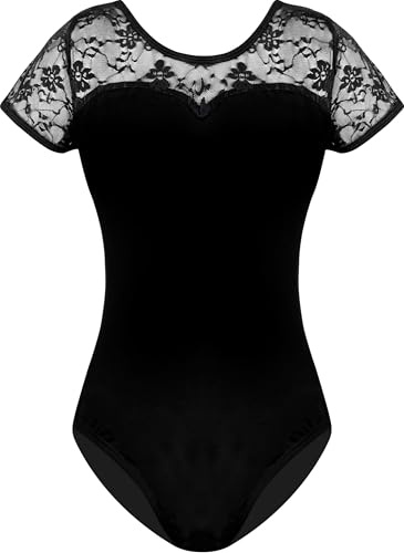 Mulnall Damen Ballett Spitze Kurzarm Tanztrikot Tank Hohl Rücken Tanzbekleidung Kurzarm Gymnastikanzug Damen Trikot Turnanzug(7037-06-L)