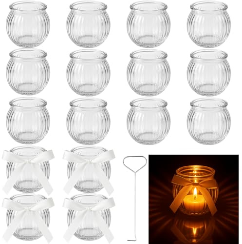 Ferenando 16 STK Kürbis Teelichthalter Glas mit Kerzenlöscher & Band | 5.2cm Dm x 5.5cm Höhe, Teelichtgläser Klein, Kerzengläser Klein, Teelichtglas Klar für Halloween Hochzeit Weihnachten Party