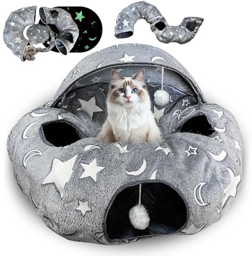 Katzenbett mit Leuchtfunktion, XXL Plüsch Katzentunnel mit Ball, Große Rascheltunnel Katzenhöhle Katzenspielzeug für Katzen Kaninchenoder Welpen