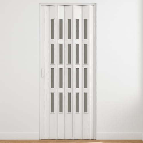 HDcasa Falttür Extra Standard, PVC mit transparentem Glas, reversibel und in Höhe und Länge verstellbar, zur Selbstmontage, hergestellt in Italien, Heimdekoration, weiß, 82 x 210 cm