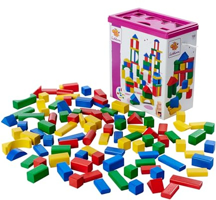 Eichhorn 100010171 100 bunte Holzbausteine in der Aufbewahrungsbox mit Kordel und Sortierdeckel, für Kinder ab 1 Jahr