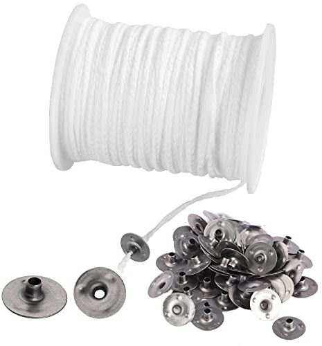 61m Kerzendocht, Docht Rauchfrei Kerzen Docht mit 100 Stück Kerzendochthalter Candle Wick Kerzendochte Dochte für Weihnachtendeko Basteln Kerzen Hochzeit DIY Duftkerzen Weihnachten(Weiß)