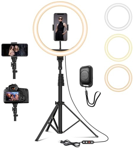 YOHOOLYO 30,5 cm Ringlicht mit Stativ 64 Zoll LED-Ring mit 10 Helligkeit 3 Beleuchtungsmodi, Stativ Smartphone Selfie LED Ring Licht