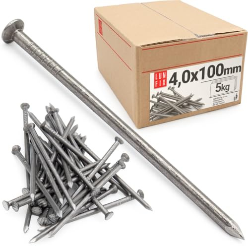Lun Fix Drahtstifte 4,0 x 100 mm - 5kg (ca. 490 stk.) Holznägel für Bauarbeiten Unverzinkter Baunägel Stahlnägel 100mm lang blank Nägel Senkkopf