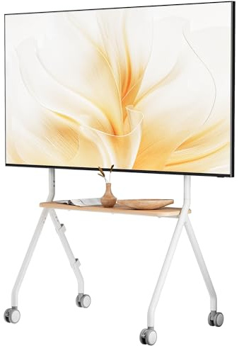 ECOTINY TV Ständer mit Rollen für 49-80 Zoll Fernseher bis 50 kg, Weiß | Höhenverstellbar und Schwenkbar Staffelei, Mobiler TV-Wagen mit Holztablett, Max.VESA 600*400MM, für Büro, Schule und Heim