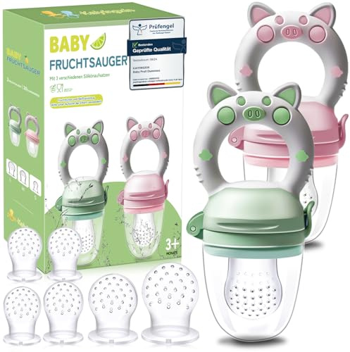2 Stück Fruchtsauger Baby ab 3 Monate - Schnuller Obstschnuller für Babys | Beikost Baby Zubehör Obstschnuller für Babys mit 8 Silikon Saugern in 3 Größen für Obst und Gemüse, Grün + Rosa