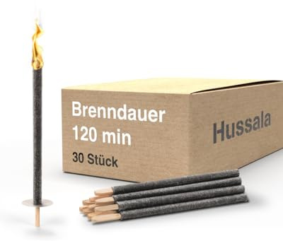 Hussala Diamond Wachsfackeln [30 Stück / 120 min] mit Holzstab und Tropschutz, Garten Fackeln aus Diamond-Wachs
