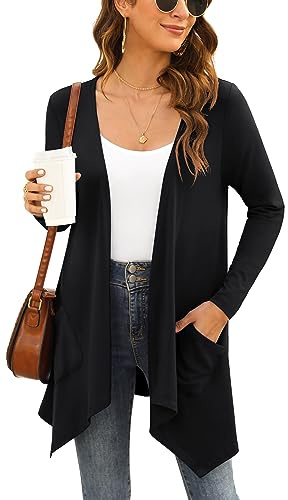 Yommay Damen Kurzarm-Lang Strickjacke Leicht Knit mit Tasche High Low Saum | Damen Cardigan V-Ausschnitt Elegant Knitted Weich Klassisch Mode Locker Lässig Ladies Sweaters Alltag Außenbekleidung
