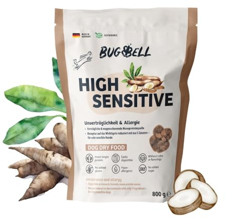 BugBell 800g HighSensitive - Premium Trockenfutter mit Insekten - Hypoallergen Sensitiv Futter für Hunde - Unverträglichkeit & Allergie mit 5 Zutaten - Schonkost Hundefutter trocken für Ausschlussdiät