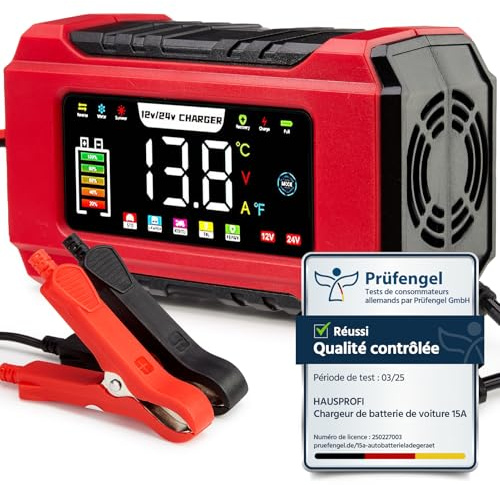 HAUSPROFI 15A Autobatterieladegerät 12V/24V mit Reparaturmodus & Erhaltungsladung, 9-Stufen-Ladung, LCD-Display für Auto, LKW, Motorrad, Boot - Kompatibel mit Blei-Säure, AGM, EFB, LiFePO4 Batterien