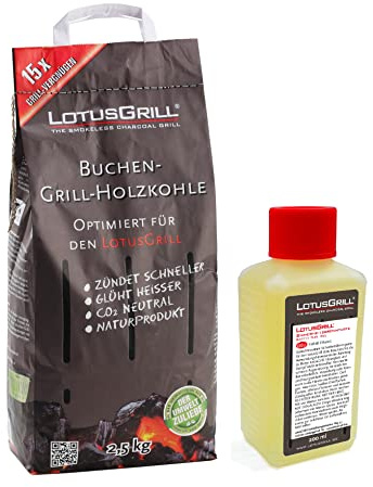 LotusGrill Buchenholzkohle 2,5 kg Sack inkl Brennpaste 200 ml, beides entwickelt für raucharmes Grillen