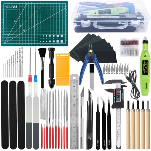 WOOWAIR 85 Stück Modellbau Werkzeug Set, Gundam Modellbauwerkzeuge mit Pinzetten,Feile,Bohrer,Polierwerkzeuge,digitalem Messschieber,für Gundam Auto Flugzeuge Modellbau Hobby Reparieren und Befestigen