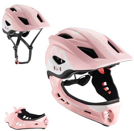 ROCKBROS Kinderhelm Integriert Fahrradhelm Kinder Jugend Fullface Helm mit Abnehmbarem Kinnschutz BMX MTB Downhill Helm Rosa S