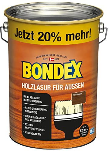 Bondex Holzlasur für Außen Nussbaum 4,8 L für 62 m² | Hoher Wetter- und UV-Schutz | Natürliches Abwittern - kein Abplatzen | seidenmatt | Holzschutzlasur | Holzlasur