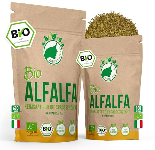 NanaNatura's Bio Alfalfa Sprossen Samen 600g VORTEILSPACK | Keimfähige Alfalfasamen zur Sprossenzucht | Microgreens fürs Sprossenglas | geprüft & abgefüllt in Deutschland