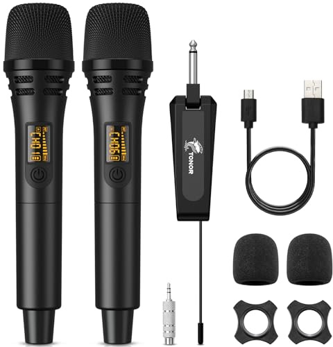 TONOR Kabellose Mikrofone, UHF Duales Karaoke Mikrofon Set mit wiederaufladbarem Empfänger, Kabelloses dynamisches Mikrofon, 60 m Mikrofon-Set für Singen, Hochzeiten, Party, Ansprachen TW320 Schwarz