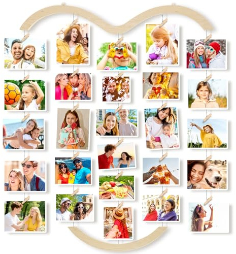 Uping Bilderrahmen Collagen, Fotowand Collage mit 30 Holzklammern und 5 Hanfseil Holzbildfoto Rahmen für Wall Decor, Hängender Bilderrahmen & Fotohalter Wand (57*70CM)