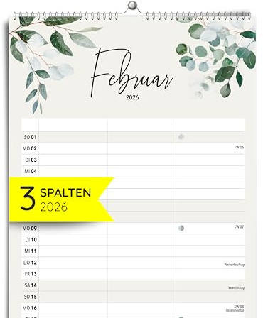 heaven+paper® Familienkalender 2026 3 Spalten | Familienplaner 2026 | Paarkalender & Wandkalender 2026 (21x42 cm) | Planer für Zwei | Mit Feiertagen & Schulferien | Made in Germany