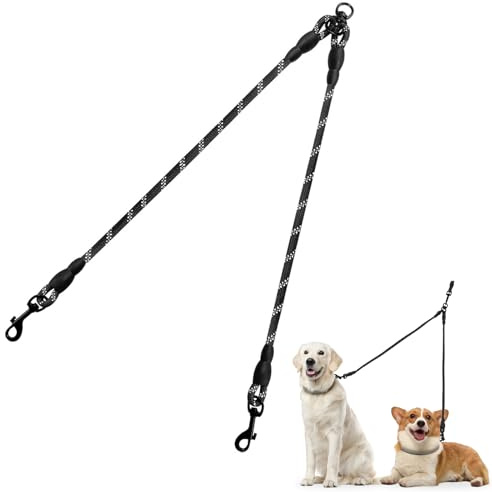 Taglory Doppelte Leinen/Hundeleine Doppelleine für 2 Hunde/Keine Verwicklung Reflektierend Kletterseil/Verstellbar Splitterleinen/75cm, SCHWARZ