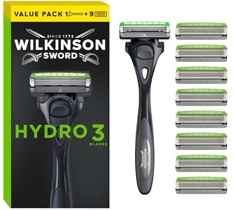 Wilkinson Sword - Hydro 3 Rasierer für Männer, Rasiergriff + 9 Rasierklingen, Feuchtigkeitsspendende Gel-Pools