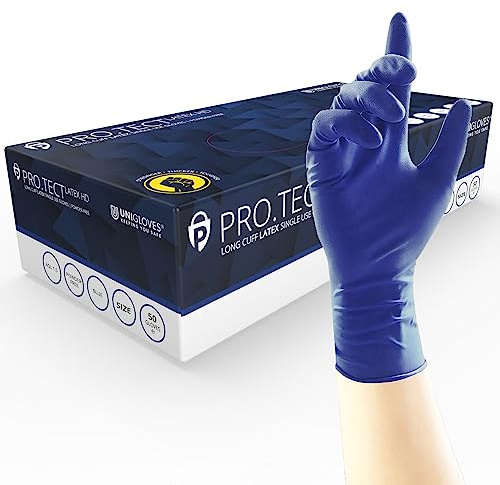 UNIGLOVES Schützen Einweg langer Stulpe Blau Latex puderfrei Handschuhe, Extra Large, blau, 50