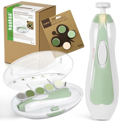 haakaa Baby Nageltrimmer Elektrisch Baby Nagelknipser Set für Neugeborene, Kleinkinder oder Erwachsene Fingernagel- und Zehennagelpflege, Baby Nagelpflege Set & Extra 4 Ersatzpads Kombination, Meadow