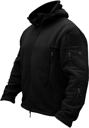TACVASEN Herren Fleecejacke Military Outdoor Winddichte Jacke mit Kapuze- Gr. L, Schwarz