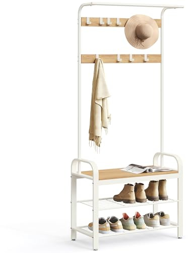 VASAGLE Garderobenständer, Garderobe, mit Schuhbank, 4-in-1 Design, 9 abnehmbare Haken, Kleiderstange, Eingangsbereich, Flur, 33,7 x 72 x 183 cm, modern, eichenfarben-weiß HSR40W