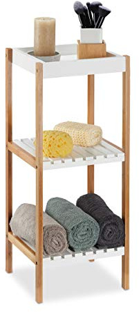 Relaxdays Bambusrahmen Badregal mit 3 Ablagen, freistehend, Standregal offen, Bambus, MDF, ohne Bohren, HBT: 72x30x29 cm, Natur/weiß