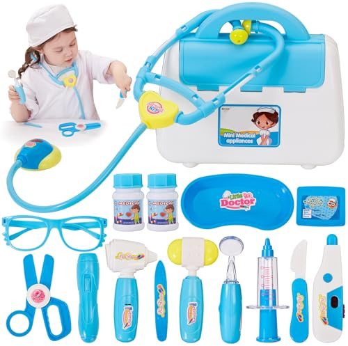 BUYGER Arztkoffer Kinder ab 3 Jahre, Doktorkoffer mit Zubehör Stethoskop | Blau, Spritze, Arzt Set mit Licht und Sound für Kinder, Doktor Spielzeug, Rollenspiel für Mädchen Junge, Geschenke