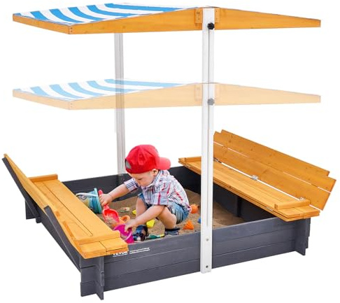 VEVOR Holzsandkasten mit Überdachung, Sandkasten, Sandgrube mit klappbaren Sitzbänken und Bodeneinlage, Naturholz-Sandkasten für Kinder für den Garten, Geschenk für Kinder im Alter von 3–12 Jahren
