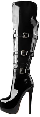 Meinabsatz Damen Plateau Stiefel High Heels Langschaft Overknee Boots Stilettos Reißverschluss Gothic Schnallen Lackoptik Schwarz 43 EU