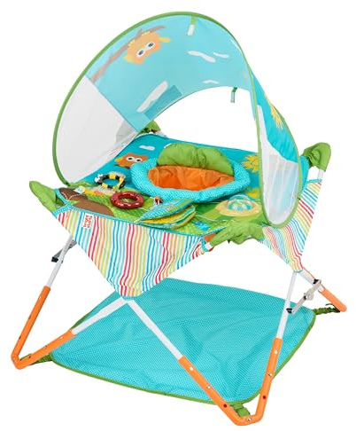 Bright Starts Pop 'N Jump Faltbarer Aktivitäts-Jumperoo, Tragbares Aktivitätscenter für Babys, UPF 50+ Sonnendach, 4 Sensorische Spielzeuge, Reisetasche, 6-12 Monate