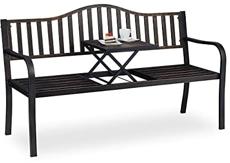 Relaxdays Gartenbank mit klappbarem Tisch, 3-Sitzer, Garten, Metall Balkonbank, HBT 89 x 150 x 58,5 cm, schwarz-Bronze