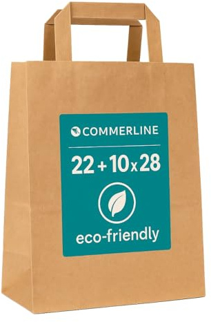 Commerline 50 Stück Braun Papiertüten mit Henkel, 22+10x28 cm, Geschenktüten für Verpackungen und Geburtstag, Papiertaschen Groß für Einkaufen, Tüten aus Kraftpapier